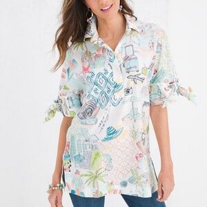 Chico's Women's Oversized Colorful White Bow-And-Grommet Tunic Popover Size 8